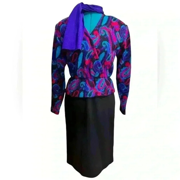 Vtg 60s 70s Ciao Purple Black Knit Wool Peplum Pencil Skirt Dress Sz M Hong Kong - Picture 1 of 9